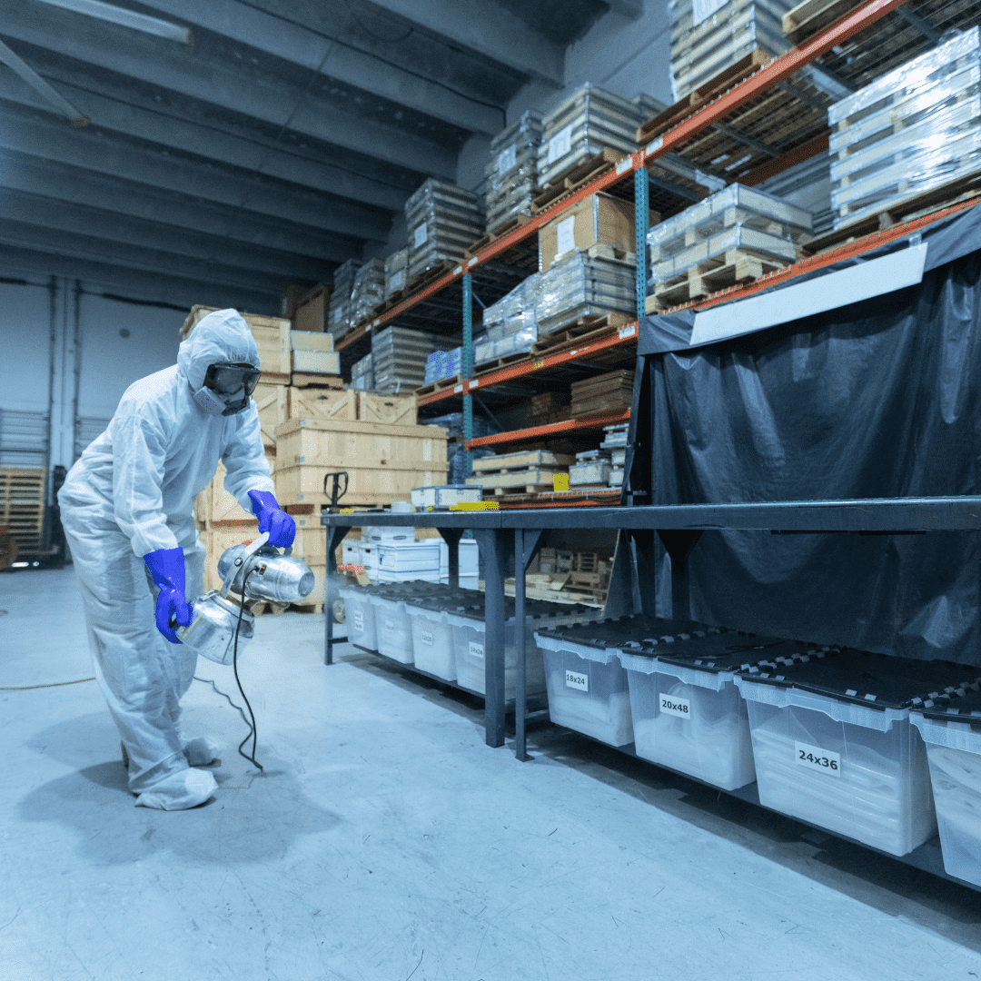 An industrial cleaning crew wearing protective gear and using cleaning equipment to maintain a warehouse